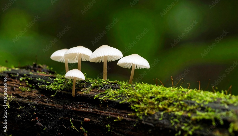 macro close up of mushrooms growing on a mossy wood in a tropical forest during the rainy season macro close up of mushrooms growing on a mossy wood in a tropical forest during the rainy season