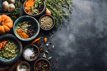 Papier peint photo Cuisine Colorful Spices and Herbs in Rustic Bowls with Pumpkin and Garlic for Autumn Harvest Festival  © Adi