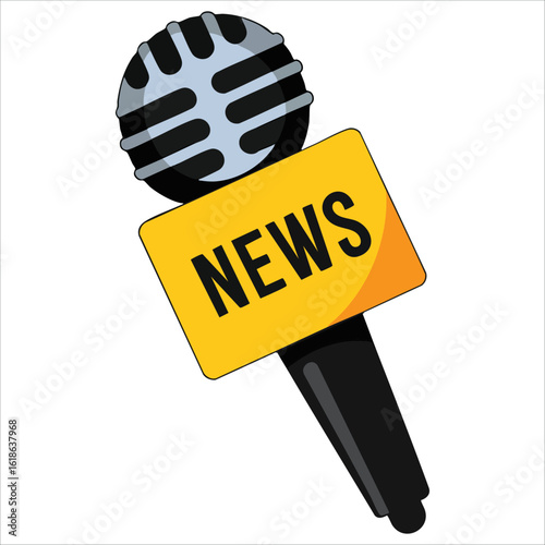 News black microphone icon with yellow interview label. Vector design of black mic with news text, isolated on white for journalism and media concepts