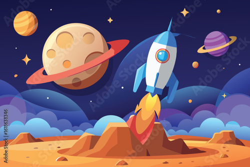  a vibrant cartoon illustration of a rocket launching from a rocky alien planet into a starry galaxy with multiple planets and nebulae vector illustration