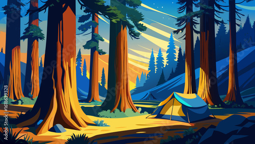 Camping in Redwood National Park under giant Sequoia trees. Two tents, yellow, blue, near huge trees. Camping, hiking, adventures, eco travel concept glows with morning light. Semi-realistic textures 