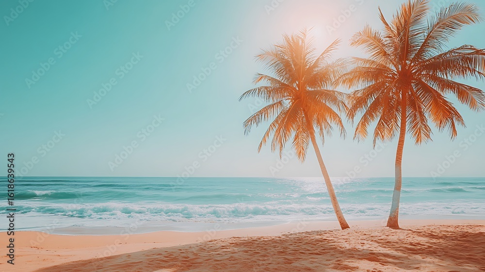 Fototapeta premium Two palm trees on a tropical beach at sunrise.