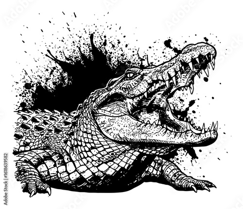 Aggressive Crocodile Gaping Roaring Mouth Open Black and White Drip Splat Abstract Art Illustration