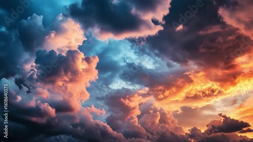 Sky's Symphony: A breathtaking image of the sky with clouds, paints a vibrant canvas of color and light. The image captures a moment of ethereal beauty in the atmosphere.
