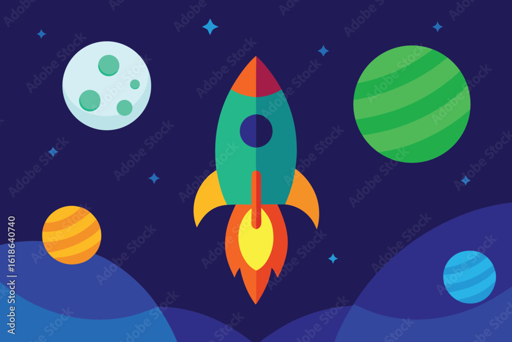 Naklejka premium a vibrant flat illustration of a teal and orange rocket ship soaring through a dark blue galaxy filled with planets, moons, and stars, representing space exploration and adventure vector illustration