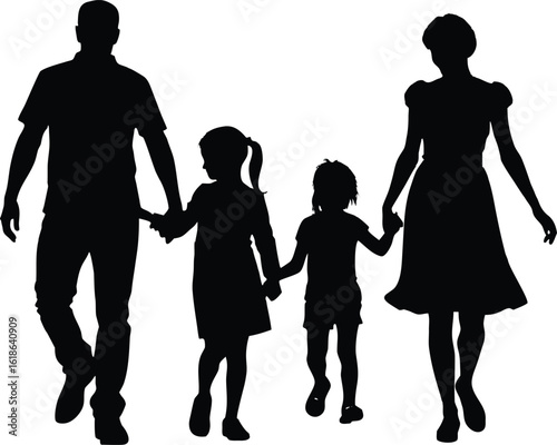 happy family silhouette walking hand in hand with parents and two children