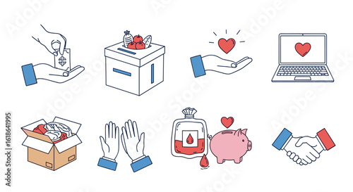 Collection of eight simple outline icons representing charity generosity and kindness in digital and physical forms