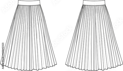 Vector illustration of pleated midi skirts front and back, technical flat sketch, fashion cad drawing, garment design template