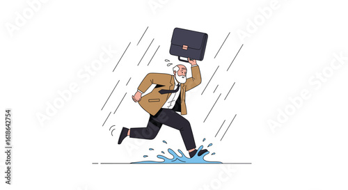 A determined businessman bravely navigates through a heavy downpour while protecting his briefcase with great effort