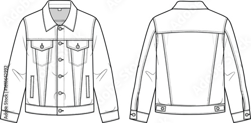 Vector fashion technical sketch of denim jacket, front and back view, detailed CAD drawing, flat sketch illustration, garment design