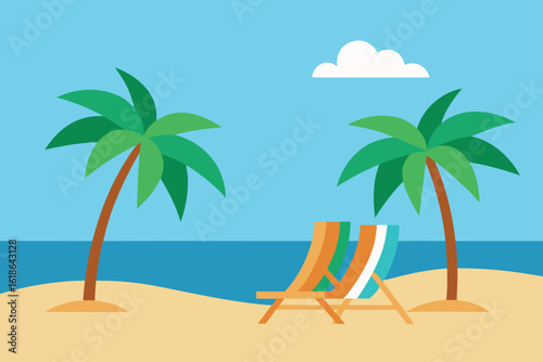  tropical beach scene with two palm trees and lounge chairs facing the ocean under a clear blue sky with a single fluffy cloud vector illustration