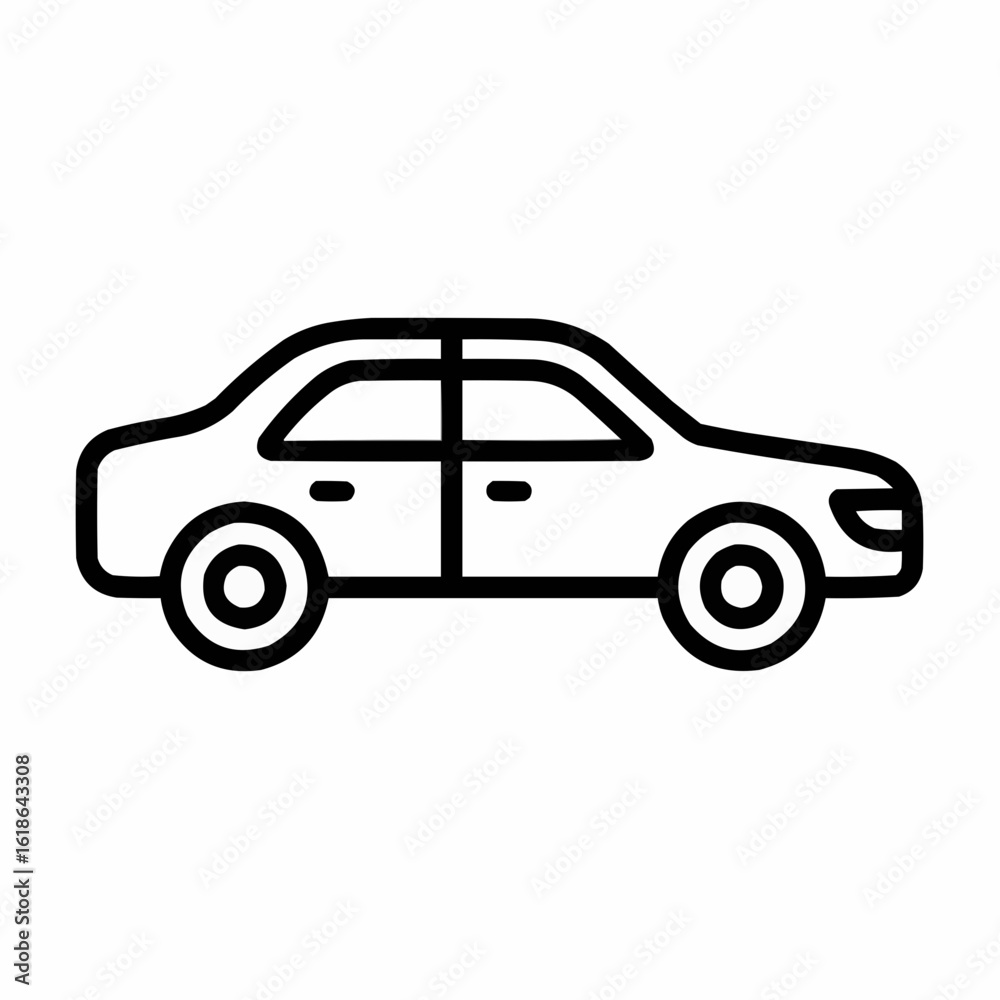Obraz premium Sedan Car. Side profile of a 4-door car with simple curves, 2 wheels, and basic window outlines. No grille details