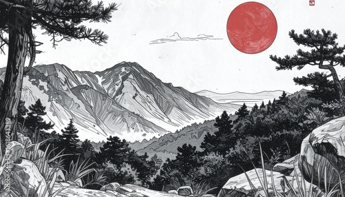 Majestic Japanese Mountain Landscape with a Red Sun