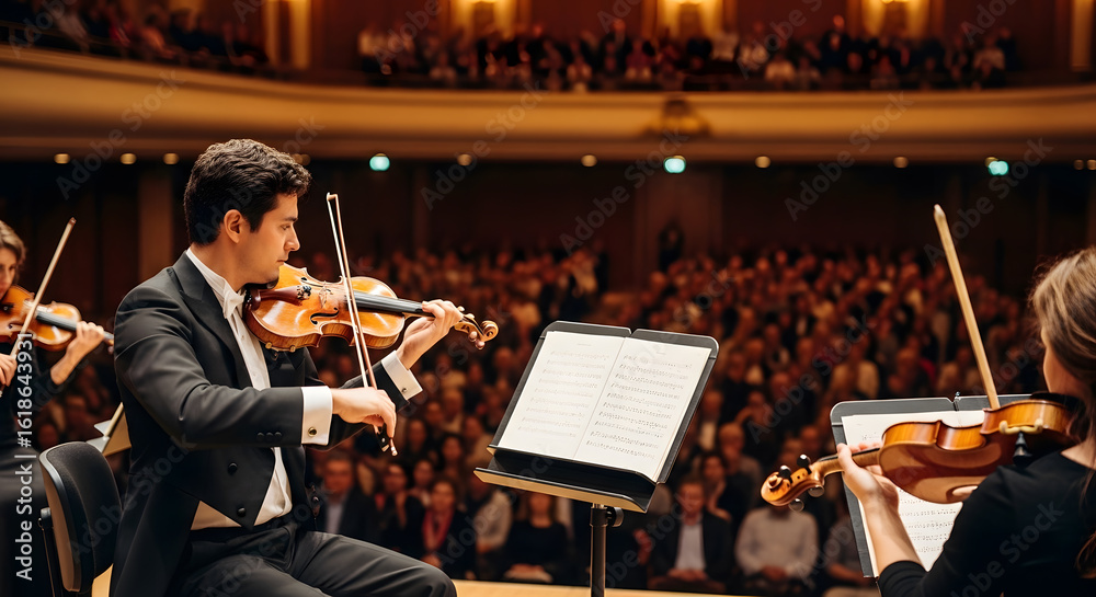 Fototapeta premium Violinist performing in concert hall with orchestra