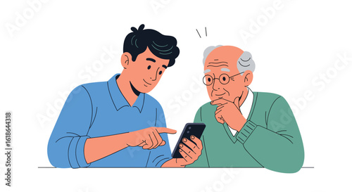 Young man showing elderly person a smartphone demonstrating modern technology and communication bridging generations