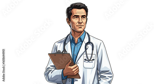 Professional Doctor Holding Clipboard Confidently Looking Away Isolated on Transparent Background