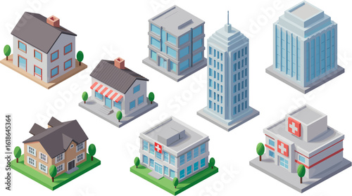 Isometric city landscape with various buildings against a white background in simple style