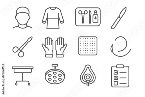 Medical tools and equipment icons against a grayscale background