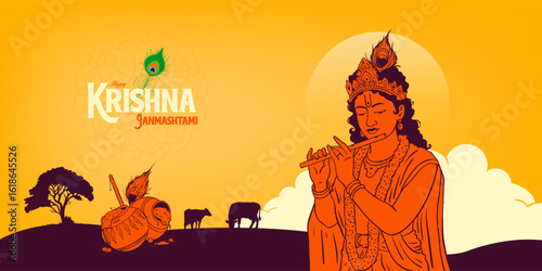 Happy Krishna Janamastami lettering with Lord Krishna vector illustration banner design template 