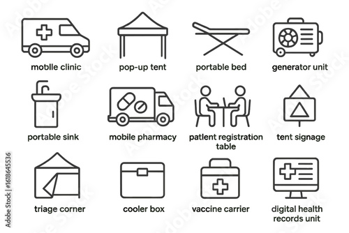 Mobile clinic setup elements: tent, bed, generator, sink, pharmacy
