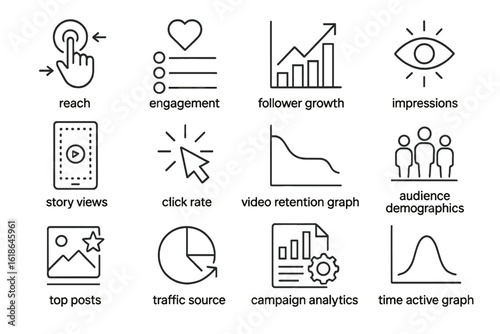 Social media analytics icons: graphs, engagement, audience, and growth metrics