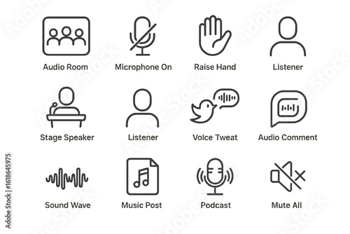 Audio interaction icons including microphone, podcast, and sound wave symbols