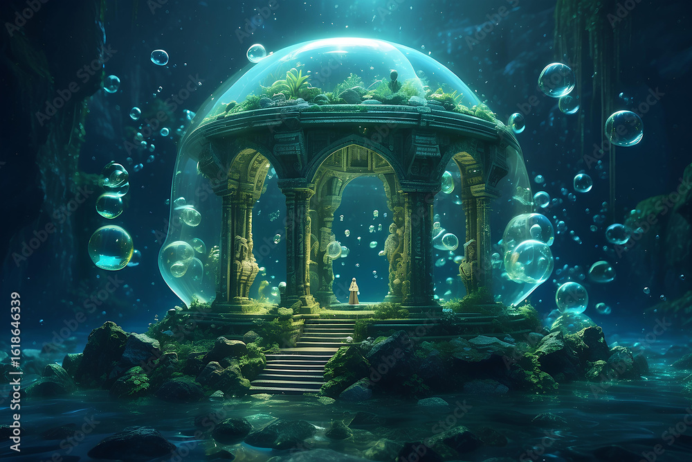 Obraz premium Ancient Underwater Temple Encased in a Glass Bubble – Fantasy Scene