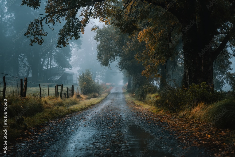 Obraz premium Quiet misty gravel road lined with trees losing autumn leaves gently