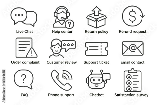 Customer service and support icons for online assistance and communication