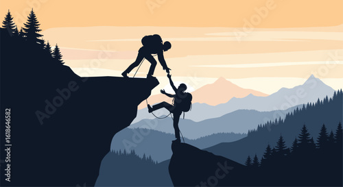 Two hikers reaching out to help each other climb a steep mountain cliff during a challenging ascent