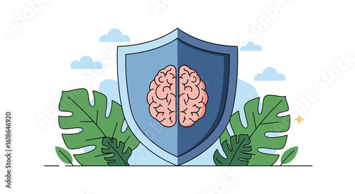 Safeguarding cognitive health protecting the brain with shielded mind and lush greenery representing growth and well being