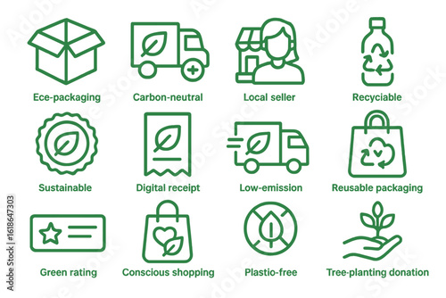 Eco-friendly shopping icons highlighting sustainable and recyclable practices