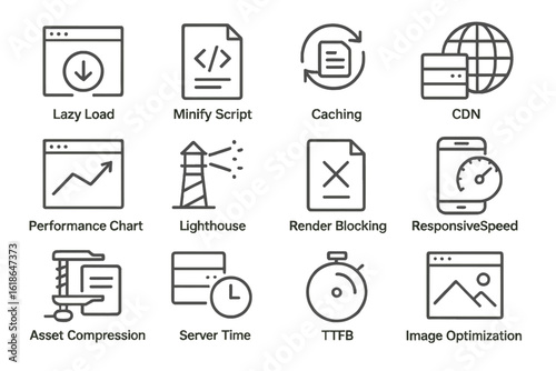 Website optimization techniques and tools icons for faster loading times