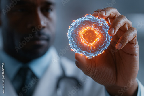 A male scientist is holding a glowing 3D holographic model of a human cell, showcasing the cell membrane and nucleus