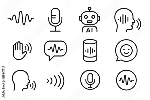 Voice and ai themed icons: microphone, robot, sound waves, and more