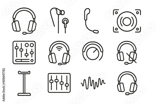 Audio equipment icons set: headphones, microphone, mixer, speaker, sound waves