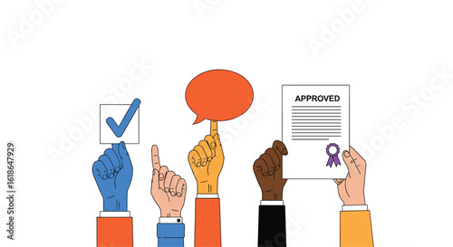 Diverse hands voting and participating in a public survey demonstrating civic engagement and democratic processes