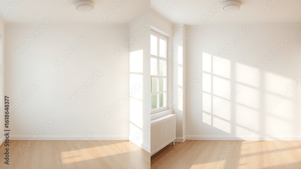 Fototapeta premium Simple room comparison showing plain walls versus freshly painted walls with natural light.