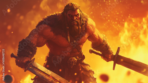 strong angry barbarian warrior surrounded by fire