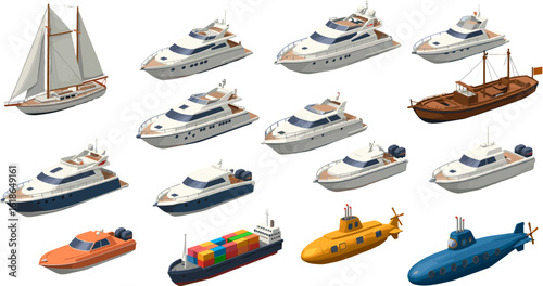 Diverse collection of boats and ships for transportation on water bodies, isolated.