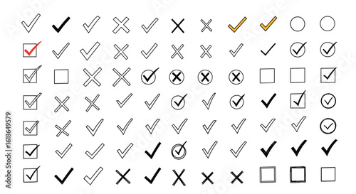 A comprehensive collection of diverse checkmark and cross mark symbols for user interface design and data validation applications
