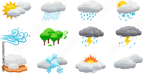 Diverse Weather Conditions: A Colorful and Informative Vector Illustration Displaying Twelve Weather