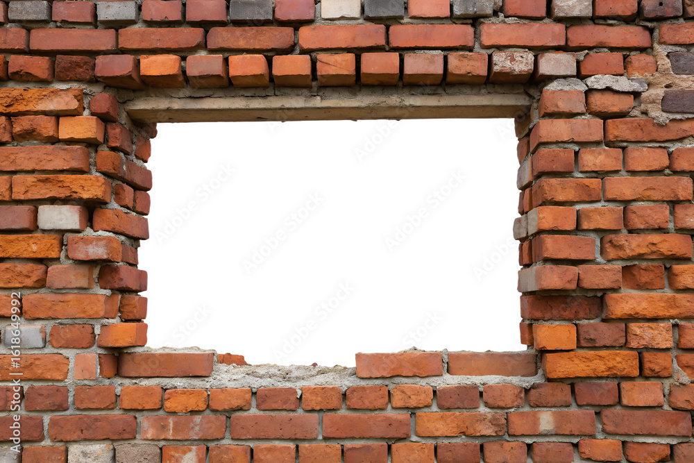 custom made wallpaper toronto digitalA weathered brick wall with a rectangular window or opening. The bricks are cracked and worn, with some debris at the base, indicating an old or damaged structure.