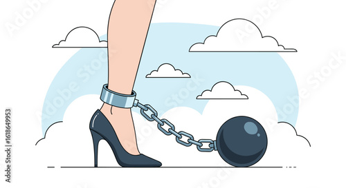 Foot shackled to ball with chain around ankle wearing high heel shoe against cloudy sky background