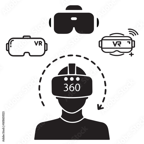 Immersive Virtual Reality 360 Experience with VR Headset Icon Vector.

Flat vector illustration of a 360-degree virtual reality headset with VR glasses. Perfect for technology, gaming, metaverse.