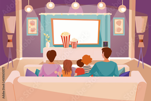 Ilustracja rodziny spędzającej razem wieczór filmowy w domu. Pusty ekran telewizora idealny jako mockup do prezentacji.