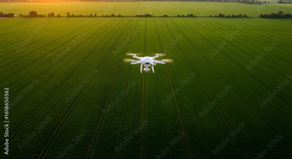 Obraz premium White drone flying over a large green field with rows of crops, trees in the background, and a warm sunset sky.