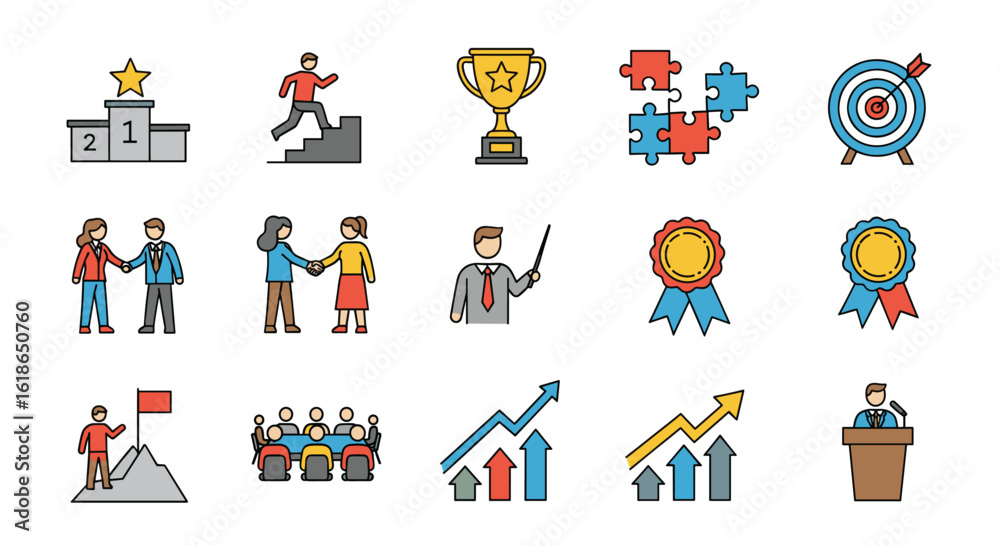 Fototapeta premium Illustrations of business success and teamwork featuring diverse professional achievements and collaborative efforts