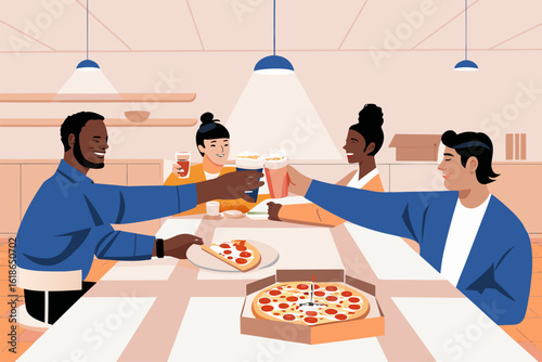  Ilustracja wielokulturowej grupy przyjaciół jedzącej pizzę w restauracji. Koncepcja przyjaźni i wspólnego spędzania czasu.
