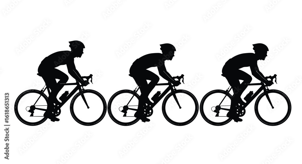 Naklejka premium Three cyclists in silhouette on racing bikes pedaling forward during a competition event on a white background